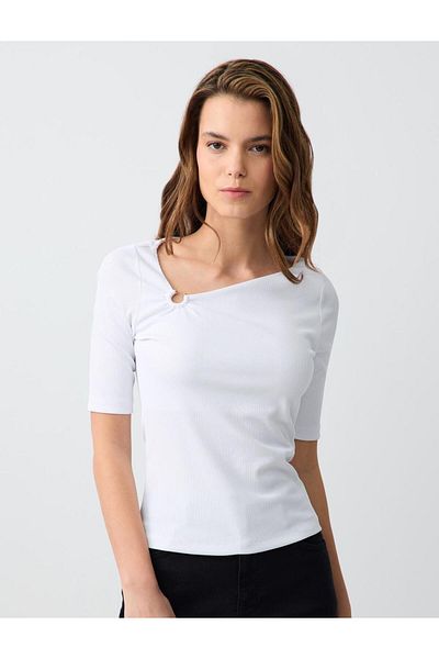 Jimmy Key White Slim Fit Asymmetric Neck Short Sleeve Knitted Blouse