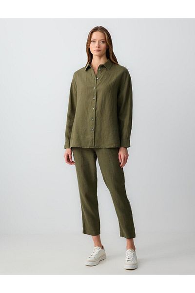 Jimmy Key Khaki 100% Linen Straight Cut Long Sleeve Woven Shirt