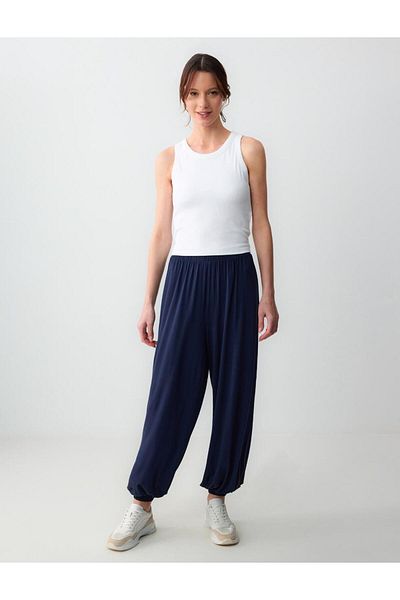 Jimmy Key Navy Blue Relaxed Cut High Waist Elastic Leg Knitted Modal Trousers