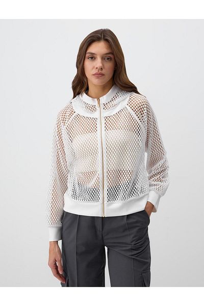 Jimmy Key White Straight Cut Long Sleeve Hooded Openwork Knitted Jacket