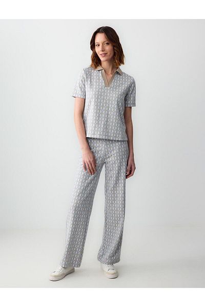 Jimmy Key Beige High Waist Wide Leg Geometric Pattern Knitted Trousers