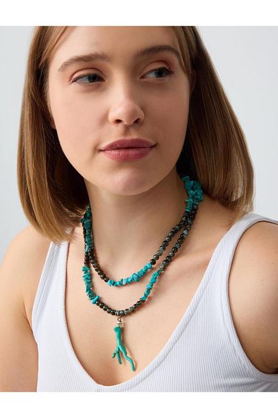 Jimmy Key Blue Asymmetrical Figured Natural Stone Detailed Necklace