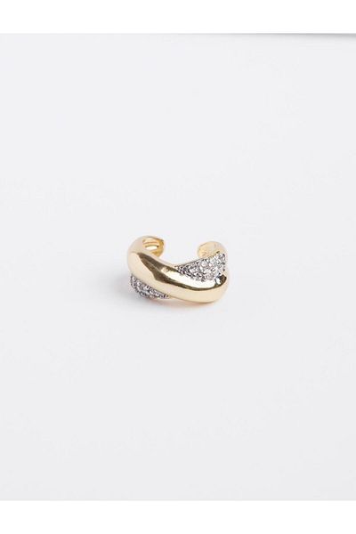 Jimmy Key Gold Color Stone Detailed Shiny Half Hoop Earrings