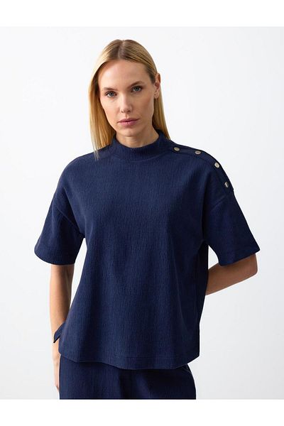 Jimmy Key Navy Blue Relaxed Fit Half Turtleneck Knitted T-Shirt