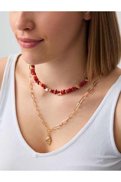 Jimmy Key Double Necklace with Red Coral Detailed Conch Figure
