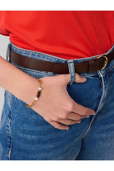 Jimmy Key Gold Color Pearl Detailed Chain Bracelet