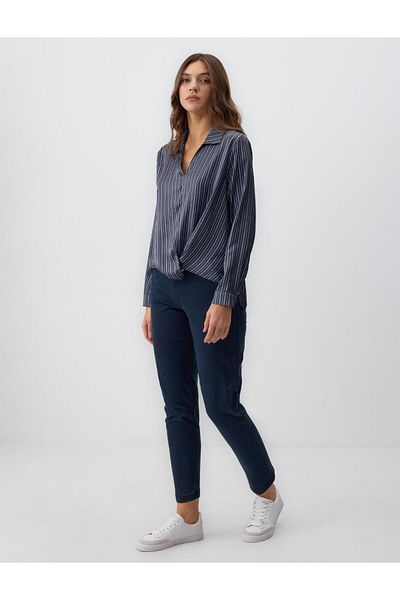 Jimmy Key Navy Blue V-Neck Satin Relaxed Fit Woven Blouse