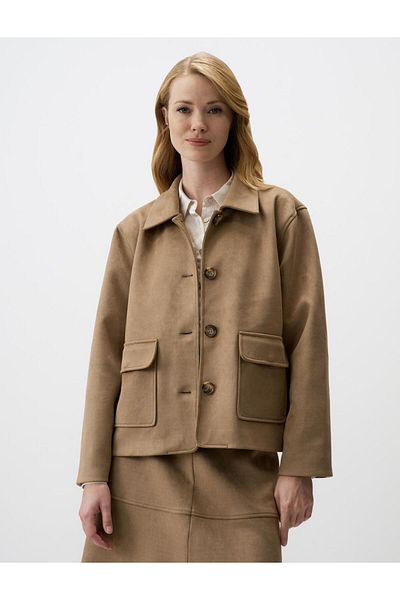 Jimmy Key Beige Long Sleeve Solid Cut Knitted Velvet Short Jacket