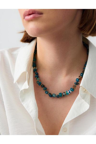 Jimmy Key Blue Natural Stone Detailed Adjustable Elegant Necklace
