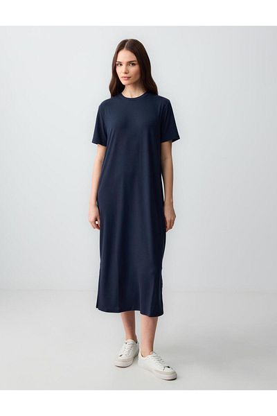 Jimmy Key Navy Blue Straight Cut Crew Neck Short Sleeve Knitted Dress