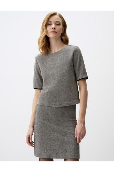 Jimmy Key Gray Melange Crew Neck Short Sleeve Print Knitted Blouse