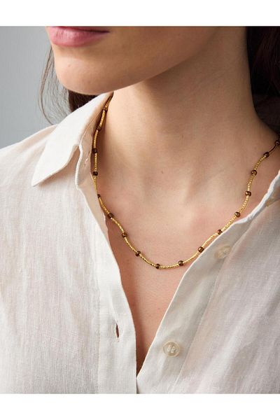 Jimmy Key Gold Color Natural Stone Detailed Thin Adjustable Necklace