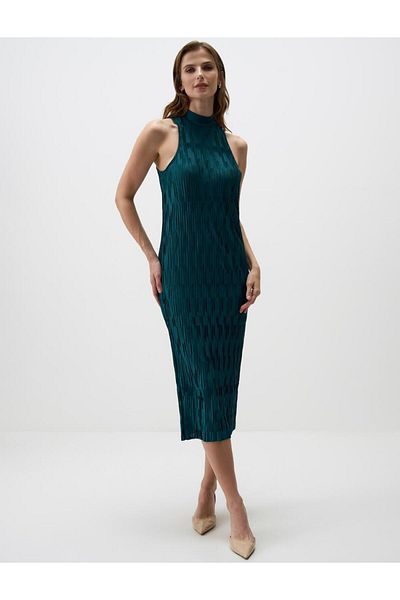 Jimmy Key Rochie midi tricotată plisată cu gât rotic verde petrol