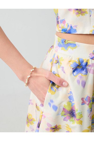Jimmy Key Gold Color Pearl Detailed Ball Figured Adjustable Bracelet