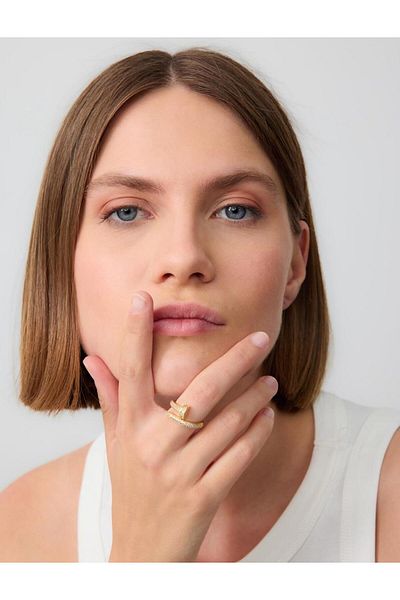 Jimmy Key Gold Color Nail Figured Shiny Stone Ring