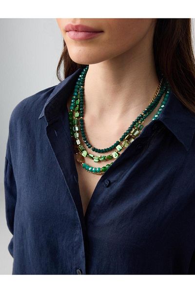 Jimmy Key Green Natural Stone Detailed Chain Adjustable Necklace