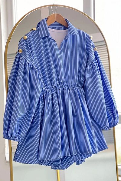 SUWWE Balloon Sleeve Striped Casual Hijab Dress