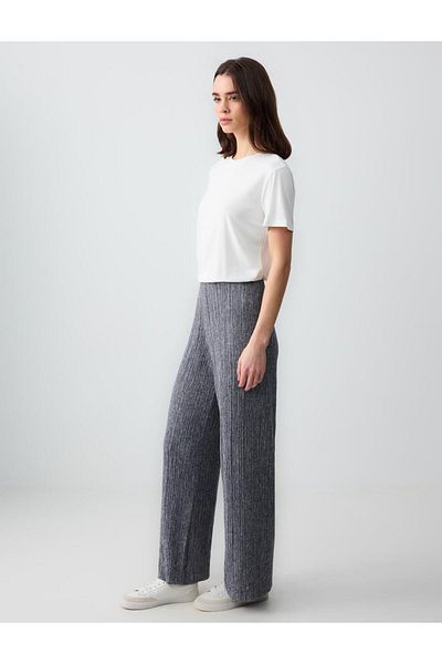 Jimmy Key Navy Blue High Waist Stripe Patterned Wide Leg Knitted Pants