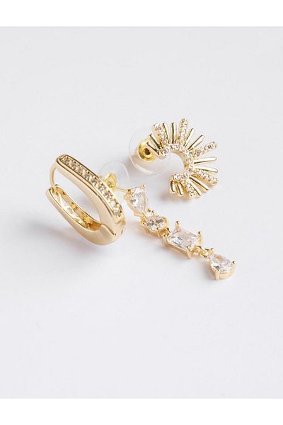 Jimmy Key Gold Color Shiny Stone Detailed Triple Earring Set