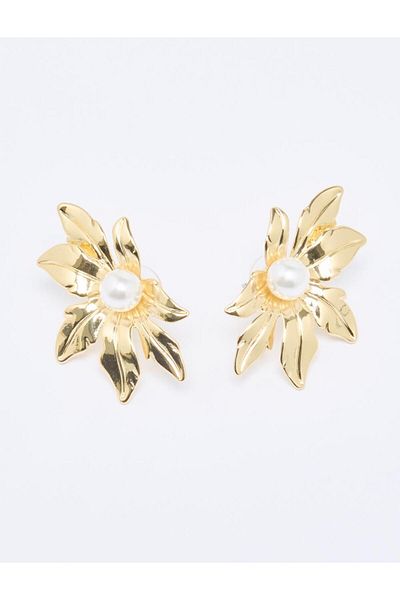 Jimmy Key Gold Color Pearl Detailed Flower Figure Earrings