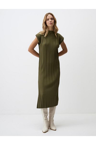 Jimmy Key Khaki Crew Neck Relaxed Fit Pleated Knitted Midi Dress