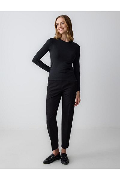Jimmy Key Black Slim Fit Long Sleeve Crew Neck Basic Blouse