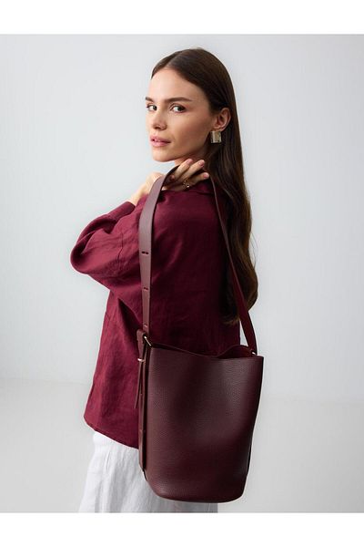 Jimmy Key Claret Red Logo Detailed Leather Bag with Strap