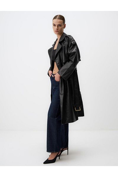 Jimmy Key Black Double Breasted Collar Slim Fit Long Leather Trench Coat
