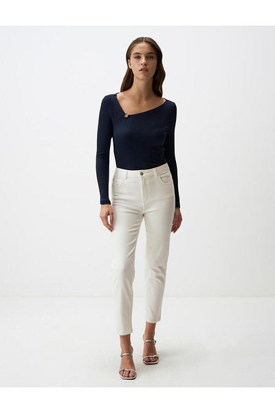 Jimmy Key Navy Blue Asymmetrical Neck Long Sleeve Slim Fit Blouse