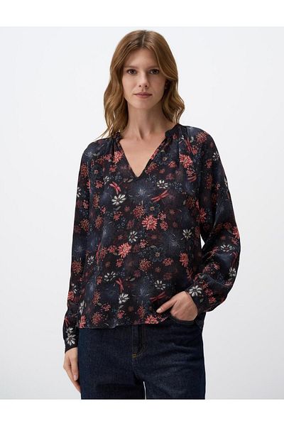 Jimmy Key Bluză albastru bleumarin cu decolteu în V cu model floral, cu croiala relaxată