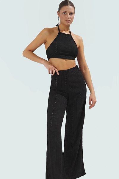 PayBuy Lace Detail Halter Neck Crop Blouse and Wide Leg Pants Beach Set Custom Design