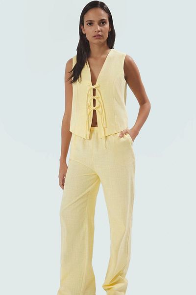PayBuy Women's Linen Look Tie-Up Blouse and Wide-Leg Pants Set Comfortable Cut Superior Material