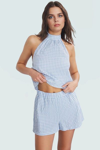 PayBuy Women's Plaid Seersucker Woven Blouse Shorts Set Summer Beach Stylish Look for Daily Wear