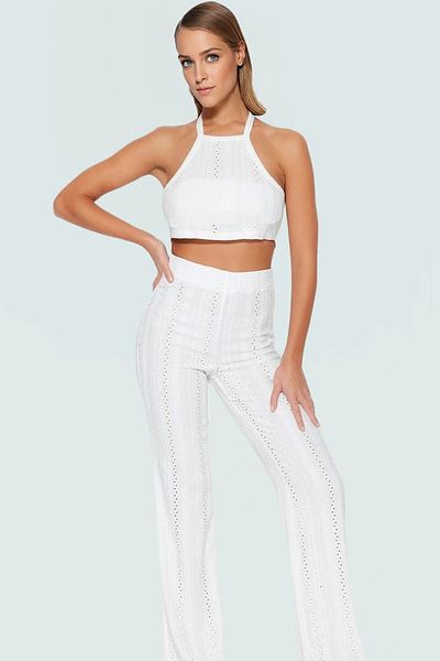PayBuy Lace Detail Halter Neck Crop Blouse and Wide Leg Pants Beach Set Custom Design