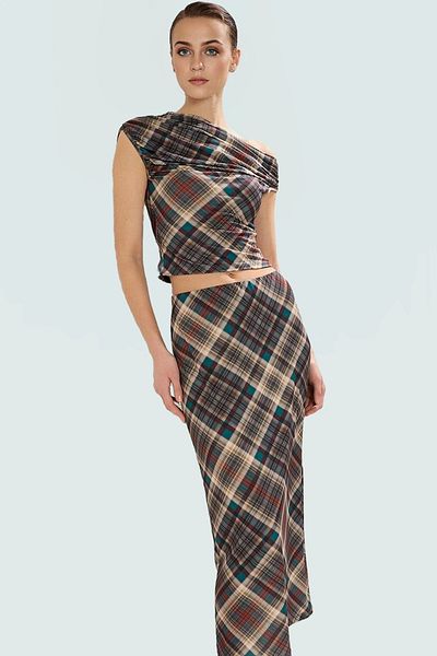 PayBuy Asymmetric Collar Short Sleeve Knitted Plaid Suit 97 Polyester 3 Elastane Casual Style High Quality