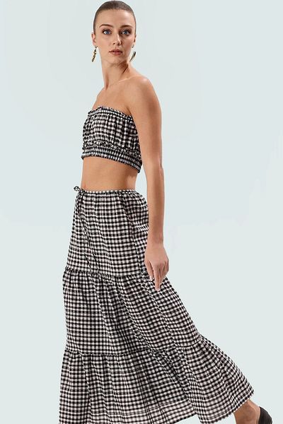 PayBuy Summer Plaid Crop Blouse and Skirt Set Cotton Woven Casual Style Professional Look