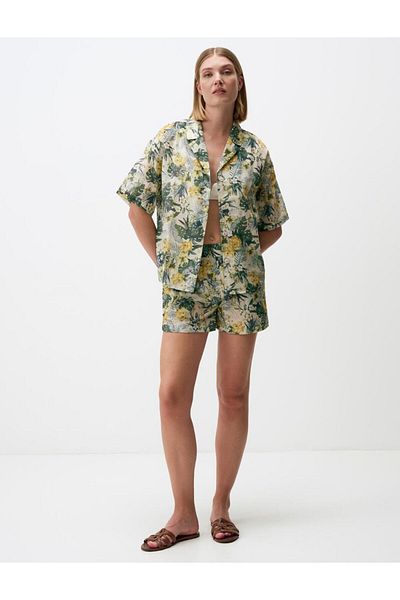 Jimmy Key Green Floral Patterned Cotton Shorts with Elastic Waist