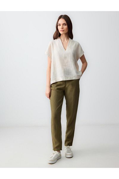 Jimmy Key Khaki 100% Linen High Waist Regular Leg Trousers