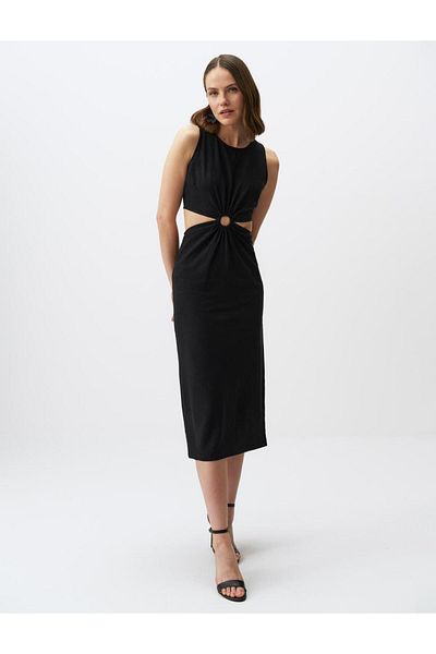Jimmy Key Black Waist Detailed Sleeveless Linen Midi Dress