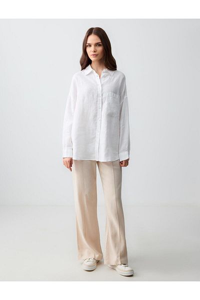 Jimmy Key White 100% Linen Oversize Pocket Long Sleeve Shirt