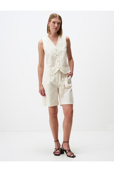 Jimmy Key High Waist Belted White Striped Linen Shorts