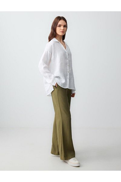 Jimmy Key Khaki Wide Leg High Waist Linen Blend Trousers