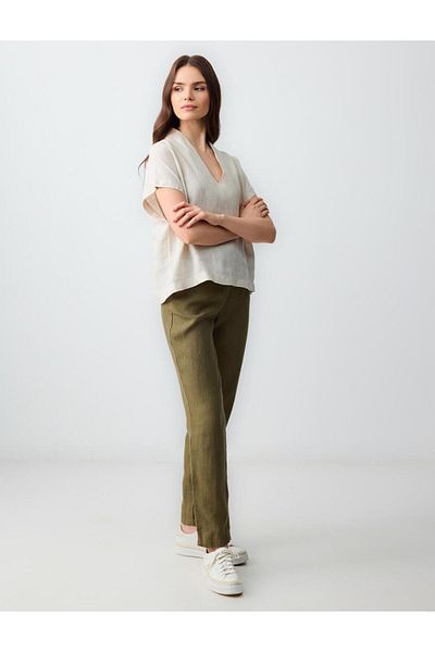 Jimmy Key Khaki 100% Linen High Waist Regular Leg Trousers