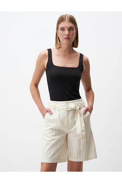 Jimmy Key High Waist Belted White Striped Linen Shorts