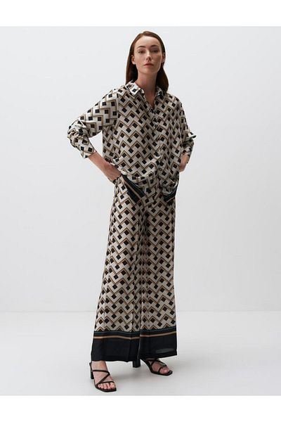 Jimmy Key High Waist Ecru Satin Trousers - Geometric Pattern
