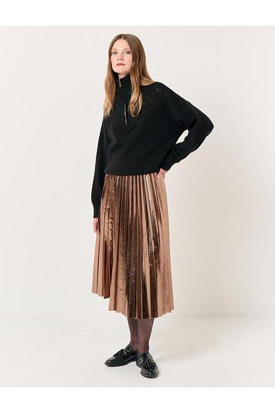 Jimmy Key Gold High Waist Pleated Shiny Midi Skirt