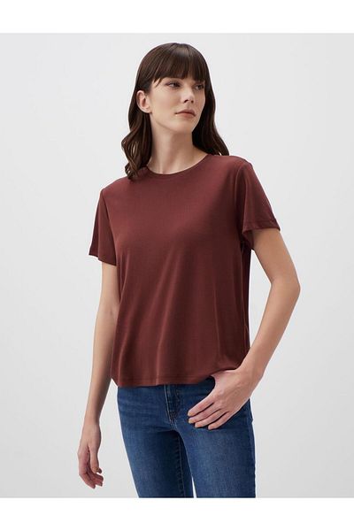Jimmy Key Brown Straight Cut Crew Neck Short Sleeve Basic T-Shirt
