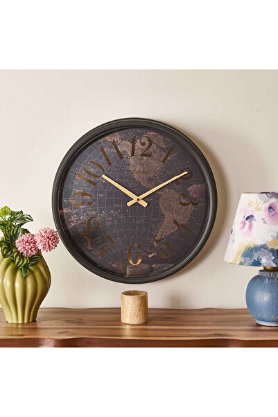 Regal Dünya Haritalı Eskitme Metal Duvar Saati - Kahverengi - 51 cm