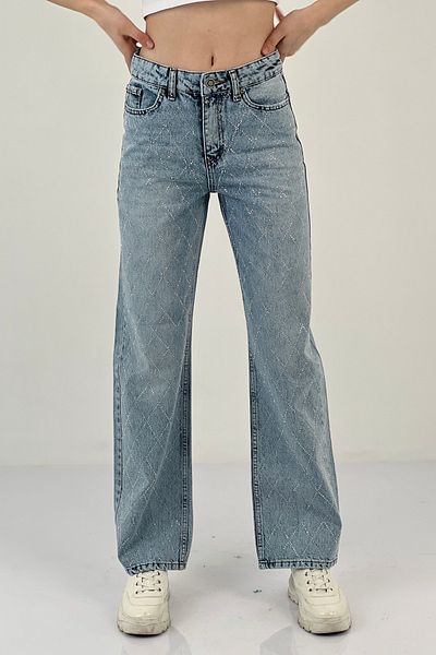 Miss Poem Women's Stoned Jeans Straight Baggy Fit Ice Blue Denim Trousers