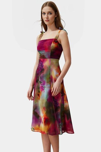 PayBuy Chiffon Lined Midi Length a Line Patterned Square Neck Dress Long Lasting Durable Material